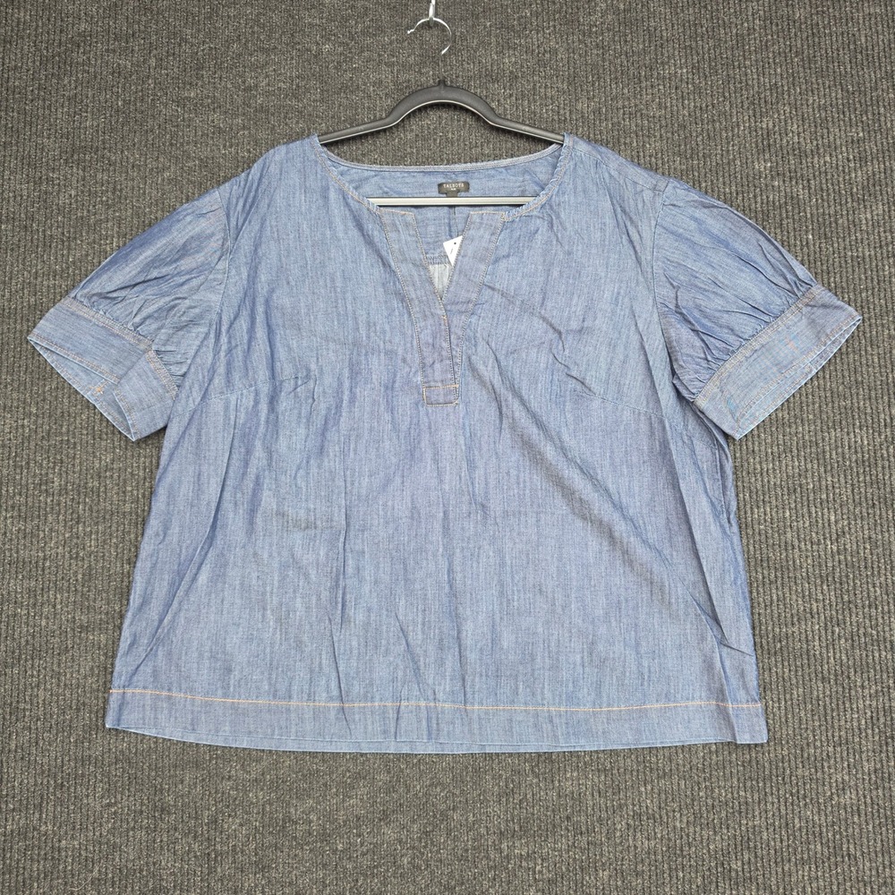Talbots Plus 1X Blue Cotton Chambray Split Neck Puff Sleeve Top NWT MSRP $99.99